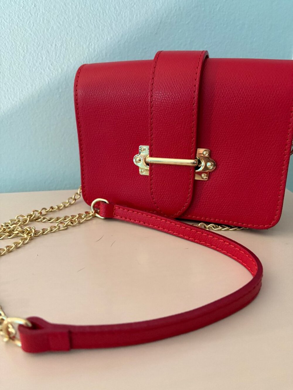 Red Leather Convertible Crossbody Belt Bag Gold Chain Strap